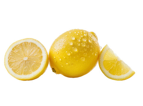 Fresh yellow lemons with glistening water droplets, a whole fruit, half slice, and quarter wedge, isolated on transparent background, vibrant citrus PNG
