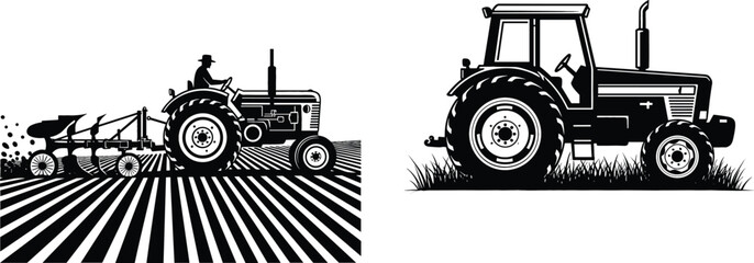 Agricultural tractor vector illustration with farmer plowing field and vintage farm tractor silhouette isolated farming machinery design © Jahangir