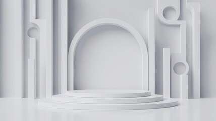 Fototapeta premium Minimalist white product display podium with an arch background, 3d render