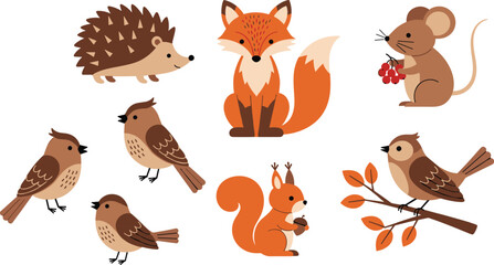 Fototapeta premium Cute collection of isolated vector illustrations of autumn woodland animals featuring hedgehog fox mouse and charming small birds with berries and nuts for cozy fall designs