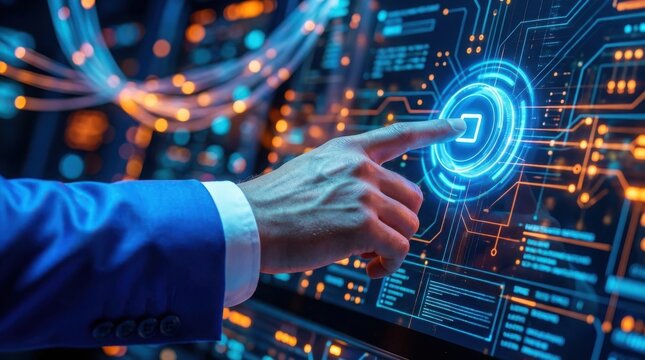 Human hand pressing virtual button on high tech interactive digital control panel screen interface.