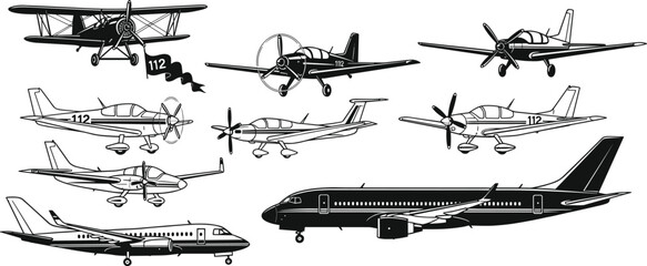 Airplane silhouettes collection with vintage biplane jet aircraft vector illustration aviation set black white transport flying machines design © Abu