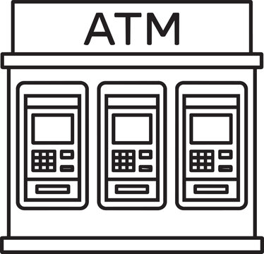 Bank branch building exterior facade with three built in automated teller machines linear icon vector illustration