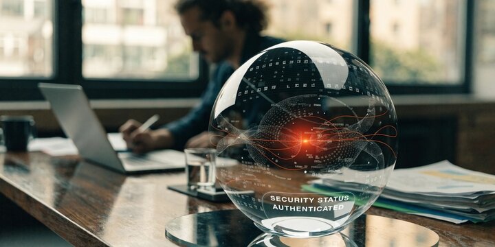 Security status authenticated displayed on glowing transparent sphere with man working on laptop.