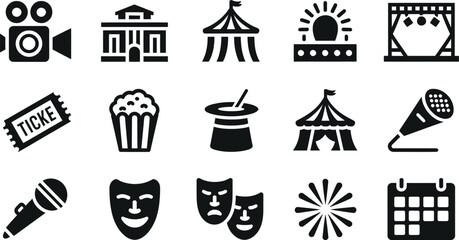 Fototapeta premium Collection of entertainment and theater icons with transparent background for graphic design