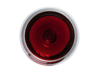 Vibrant red wine in a clear glass, viewed from directly above, showcasing a rich, deep crimson liquid surface, isolated PNG for beverage and celebration designs