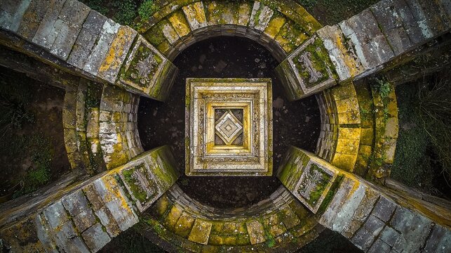 Bridge keystone detail historic American stone arch weathered limestone masonry ornate carved central diamond pattern aerial view moss covered vintage railway