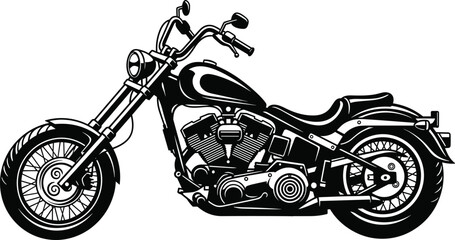 Fototapeta premium Motorcycle chopper illustration, classic cruiser bike design, vintage motorbike silhouette, custom engine vehicle, retro transport style, black white graphic, detailed mechanical artwork