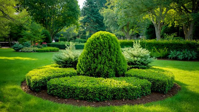 Neatly trimmed garden shrubs forming circular hedge design in lush green park landscape with manicured lawn and vibrant foliage