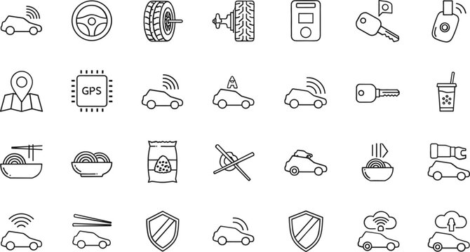Automotive service line icon vector set with car symbols, GPS navigation, steering wheel, tire repair, keys, security shield, and transport elements
