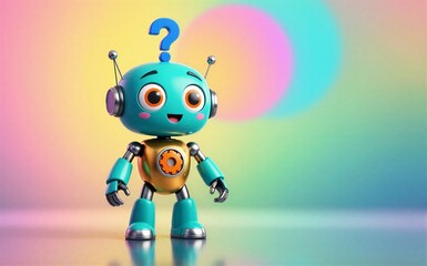 Obraz premium Cute blue robot with question mark head standing on colorful gradient