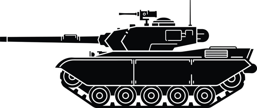 Military tank silhouette, armored combat vehicle illustration, heavy army equipment, war machine design, defense technology, battlefield transport, black white graphic