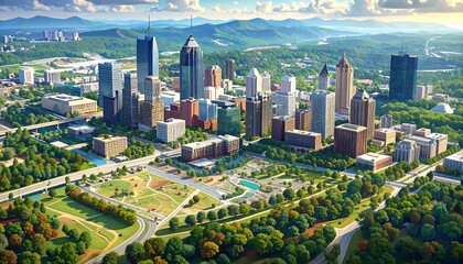 Naklejka premium High-angle view showcasing a modern cityscape merging with a natural landscape of lush greenery. Towering buildings contrast rolling hills