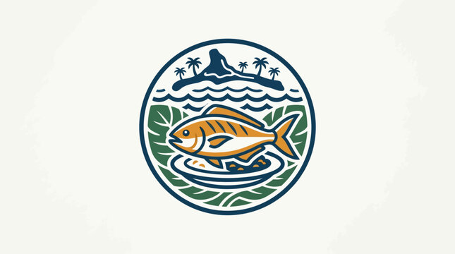 Vintage Fish Restaurant Logo with Island and Greenery