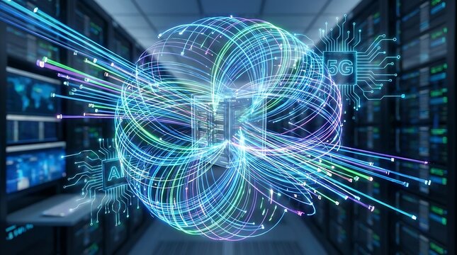  Glowing fiber-optic inspired data flow bursting outward, representing high-speed communication, big data transfer, AI networks, and advanced digital connectivity