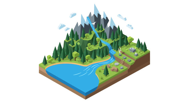 Isometric landscape showing a mountain range with a river flowing into a lake.