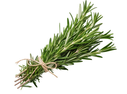 Fresh green rosemary sprigs tied with natural twine, a fragrant herb isolated PNG on transparent background for culinary and aromatic uses