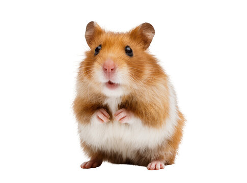Adorable fluffy golden hamster standing upright, looking curiously at camera, a charming pet rodent isolated on transparent background PNG