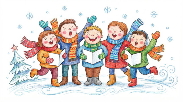 Cheerful group of children singing Christmas carols joyfully in snow wearing colorful scarves and winter clothes