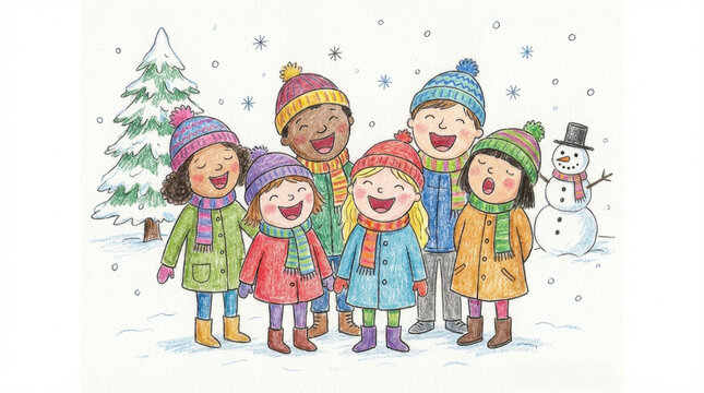 Cheerful group of children singing Christmas carols joyfully in snow with colorful winter clothes and snowman nearby
