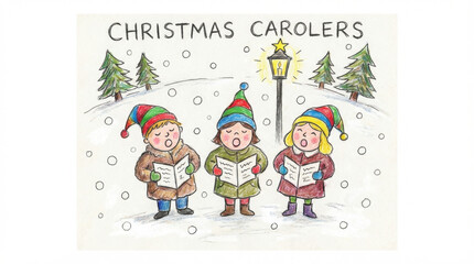 Fototapeta premium Cheerful group of children singing Christmas carols joyfully in snow near glowing lamp post surrounded by pine trees