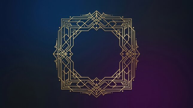 Geometric Art Deco Frame on Dark Background with Golden Lines.