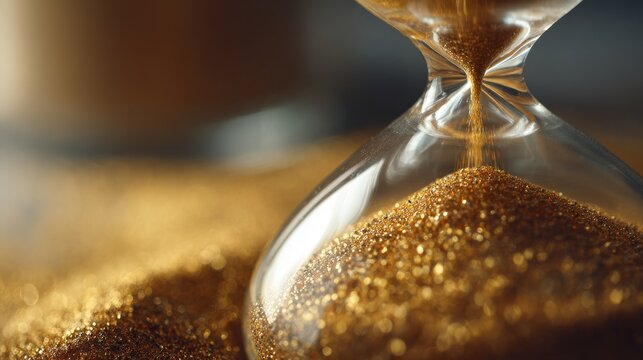 Golden hourglass sand flowing with time passing, and luxury concept.