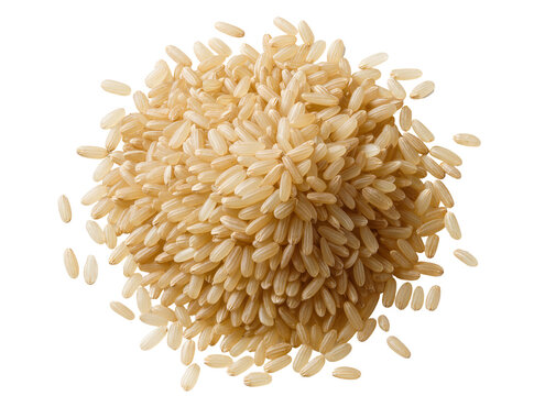 Heap of raw brown rice grains, a nutritious whole food staple for healthy cooking, perfectly isolated on transparent background PNG
