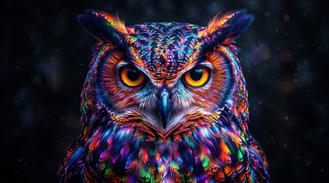 Vibrant Owl Portrait - A Kaleidoscope of Colors and Feathers.