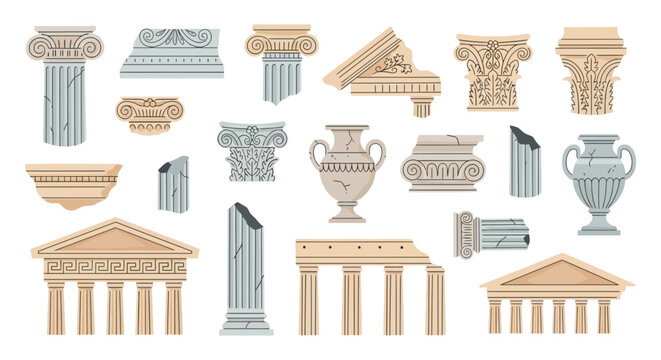 Collection of ancient architectural elements including columns and decorative fragments