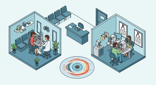 Optometry clinic examination rooms and waiting area isometric view.