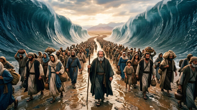 Moses leading a crowd of people through the parted Red Sea. Biblical scene depicting the Exodus. Historical religious event and faith concept representation with man, woman and child.
