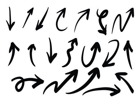 Collection of hand drawn black arrows diverse directions and styles for visual communication
