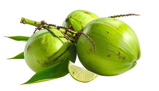 Group of three young, green coconuts with leaves and lime slice