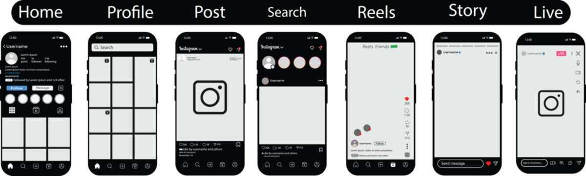 
Instagram 2026 Mobile App UI Mockup Showing Post Reels search Story Live Stream mockup updated. instagram new grid size template update. Instagram new update template with smartphone
