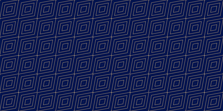 Stylish golden vector minimalist geometric texture. Simple seamless pattern with linear diamonds, rhombuses, thin lines, diagonal grid. Abstract minimal blue and gold luxury ornament. Geo background