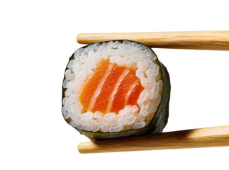 Delicious fresh salmon maki sushi roll held by wooden chopsticks, isolated on transparent background, a perfect Asian cuisine snack PNG © Francisco