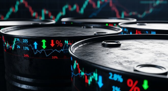 Black oil barrels with glowing stock market charts and financial data displayed on their surfaces
