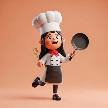 Charming 3d cartoon chef character with frying pan