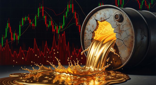 Broken oil barrel spilling golden crude oil with stock market financial trading charts in background