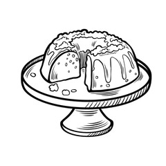 Fototapeta premium Bundt cake sits on a round stand with a slice removed, showing the inside texture and design around it
