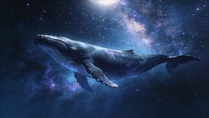 Fototapeta premium Whale swimming through cosmic starry night sky fantasy concept
