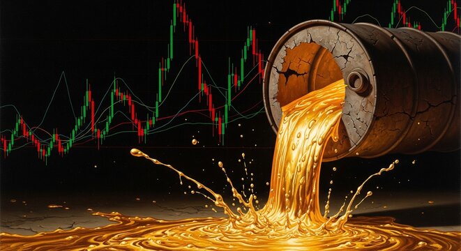 Cracked oil barrel spilling golden liquid crude oil on stock market trading chart background