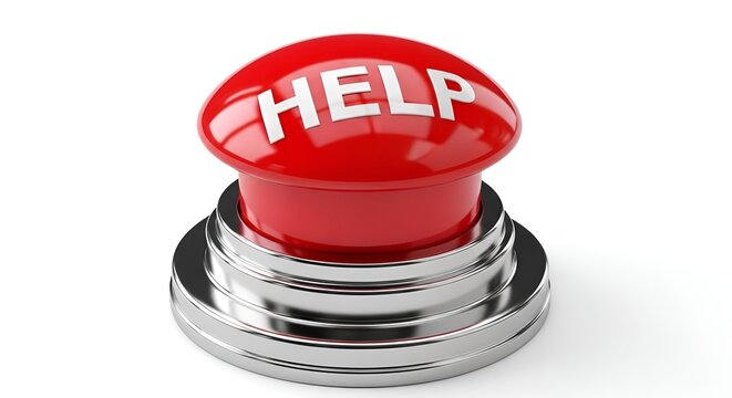 Red emergency help button with metallic base isolated on white background for safety and assistance concepts