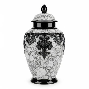 Elegant black and white floral pattern urn with lid and intricate designs