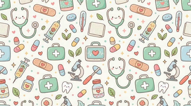 Medical pattern with cute doodle icons. Stethoscope, syringe, pill and bandage illustration for pediatric health care background. Kawaii hospital equipment design for kids clinic.