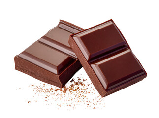 Fototapeta premium Two rich dark chocolate squares with scattered shavings, perfectly isolated PNG on a clean backdrop, ideal for confectionery designs and dessert advertisements