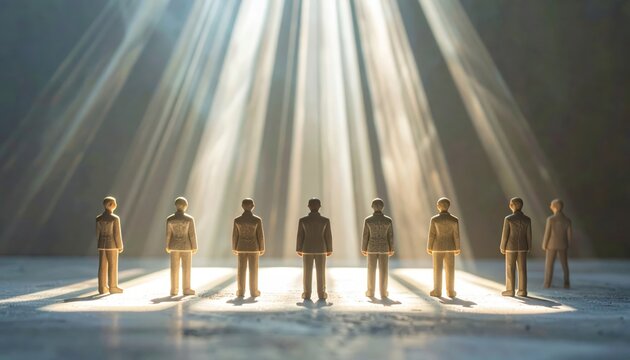 Miniature public figures standing in gwi standard urban setting artistic display dramatic lighting conceptual focus