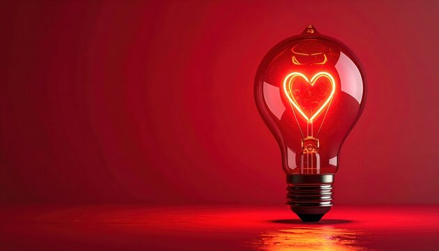 Illuminated light bulb with heart shape studio digital art warm environment close-up energy concept