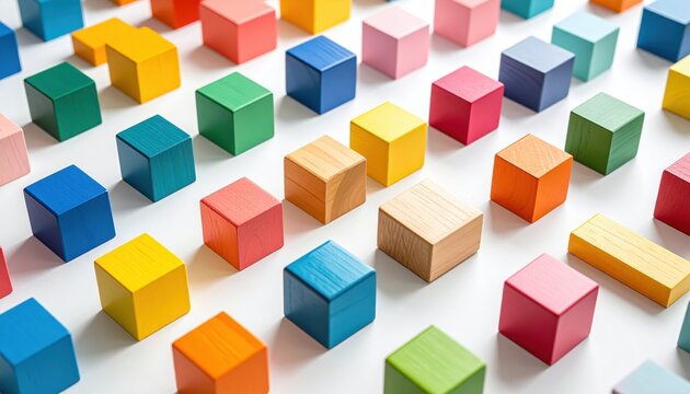 Creating a vibrant arrangement of colorful wooden blocks in a studio setting for educational play
